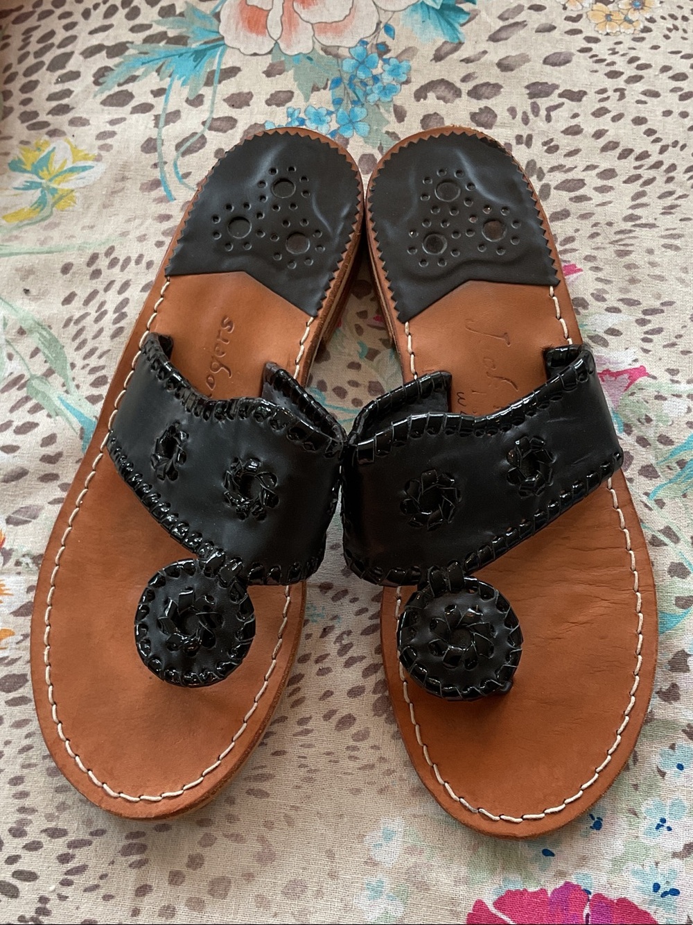Jack Rogers Jacks Black Leather Sandals with Signature Whipstitch